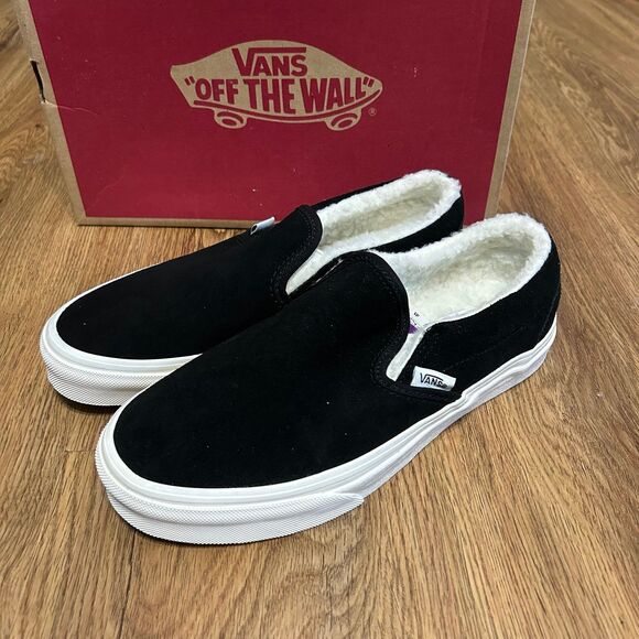 Vans Shoes - VANS Black suede faux fur slip on shoes sneakers women’s 7 new